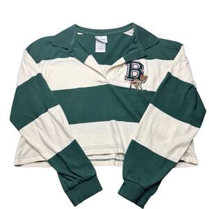 Disney Embroidered Bambi Crop Top Striped Long Sleeve Polo Shirt Womens M Green